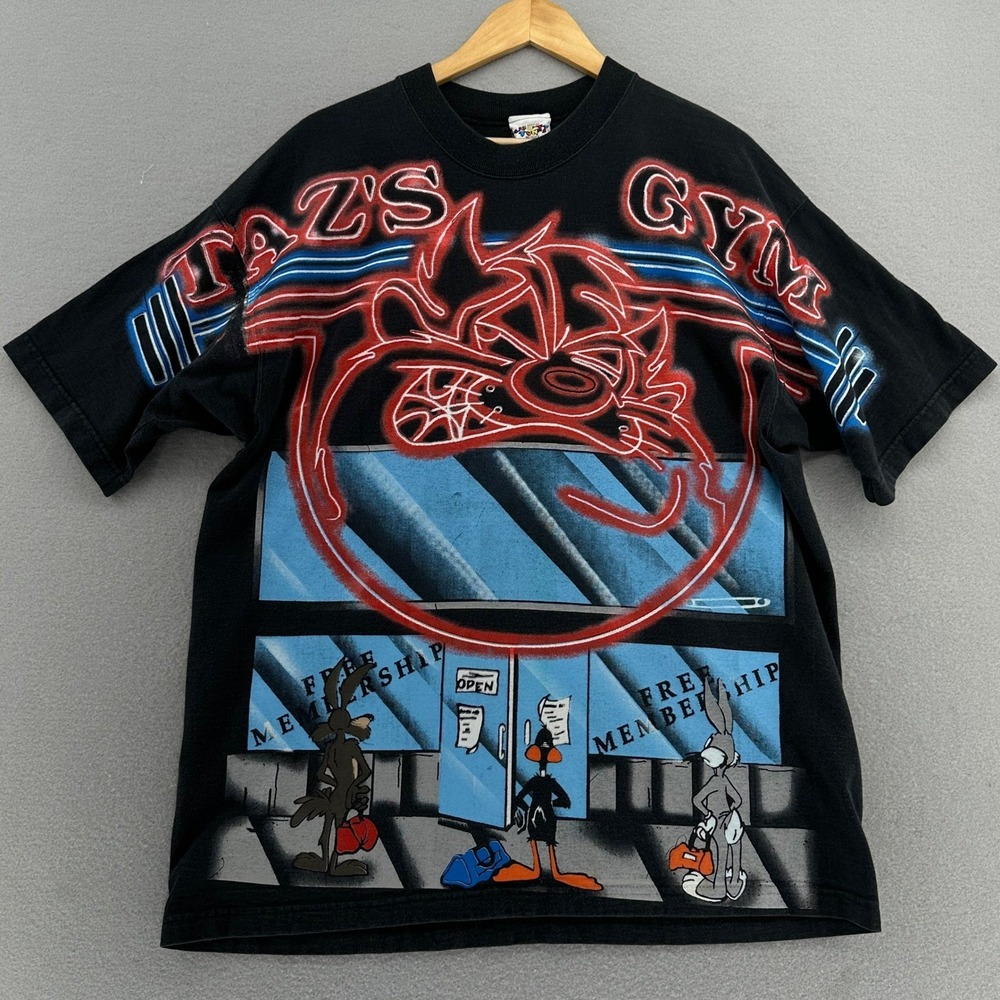 1995 Taz's Gym Looney Tunes Black XL RARE Neon Freeze Shirt VTG 90s Full‎ Print
